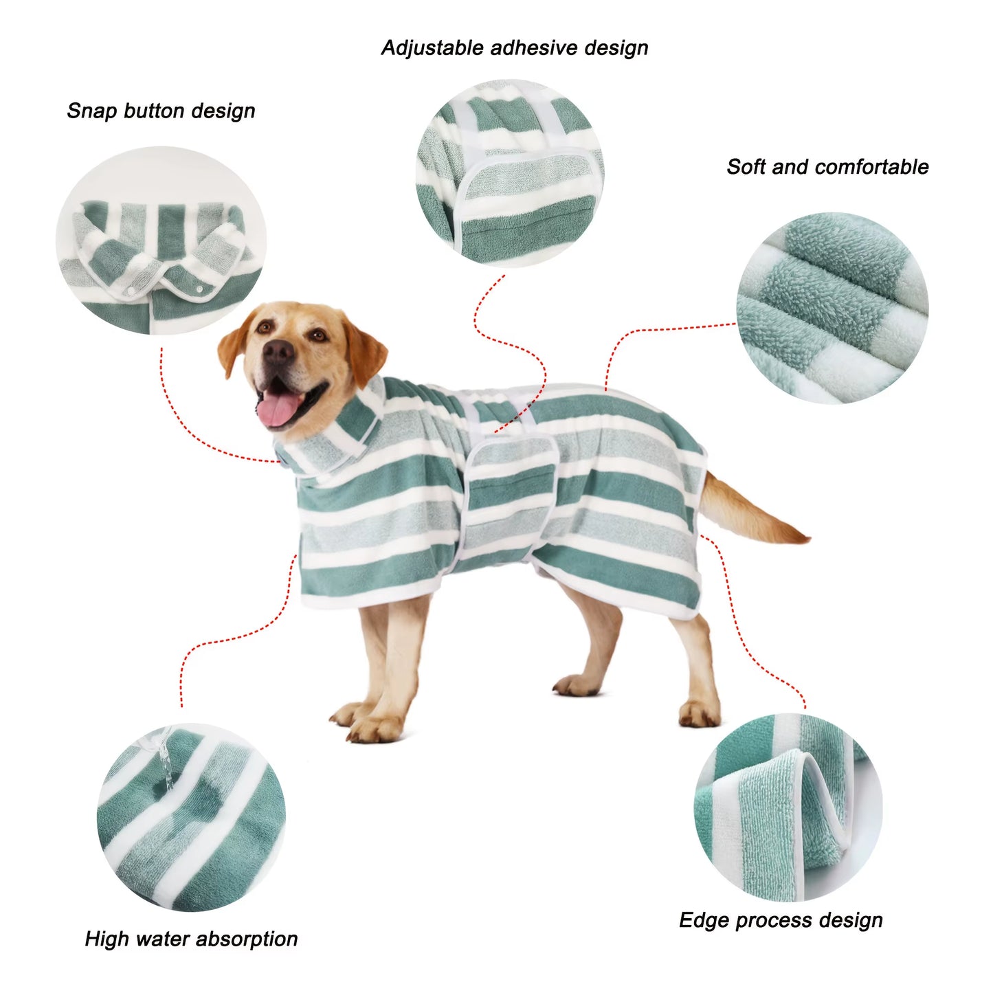 Super Absorbent Quick-Dry Dog Bathrobe, Soft Striped Towel Robe for Pets with Adjustable Belly Strap Cat Pet Bath Large Bath To