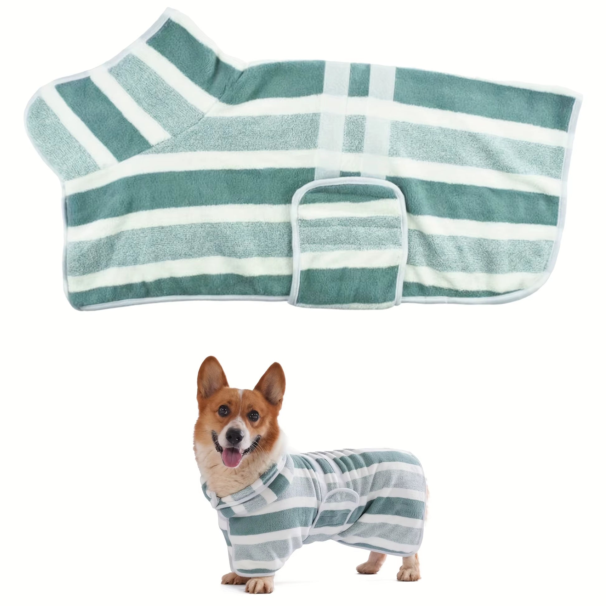 Super Absorbent Quick-Dry Dog Bathrobe, Soft Striped Towel Robe for Pets with Adjustable Belly Strap Cat Pet Bath Large Bath To