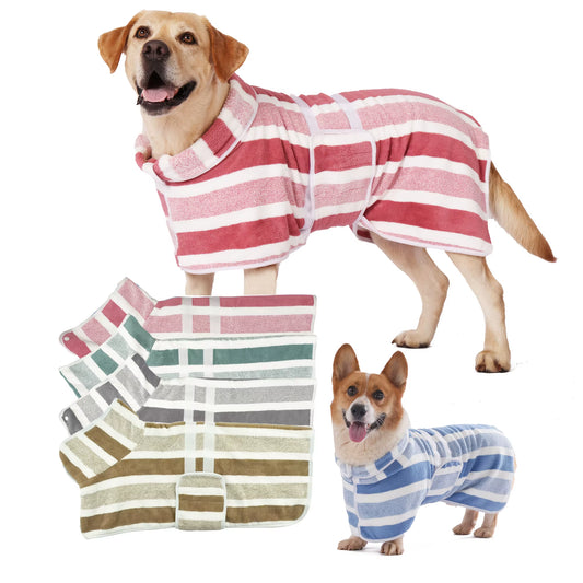 Super Absorbent Quick-Dry Dog Bathrobe, Soft Striped Towel Robe for Pets with Adjustable Belly Strap Cat Pet Bath Large Bath To