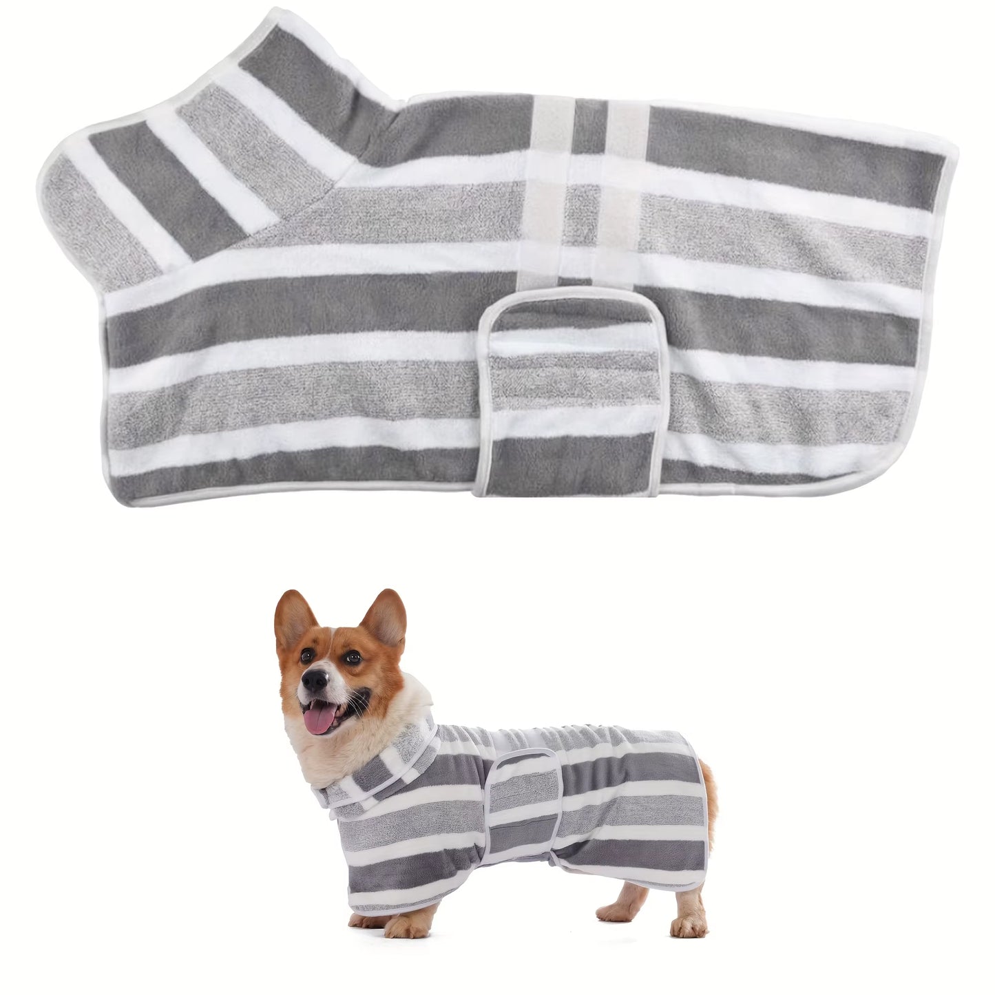 Super Absorbent Quick-Dry Dog Bathrobe, Soft Striped Towel Robe for Pets with Adjustable Belly Strap Cat Pet Bath Large Bath To