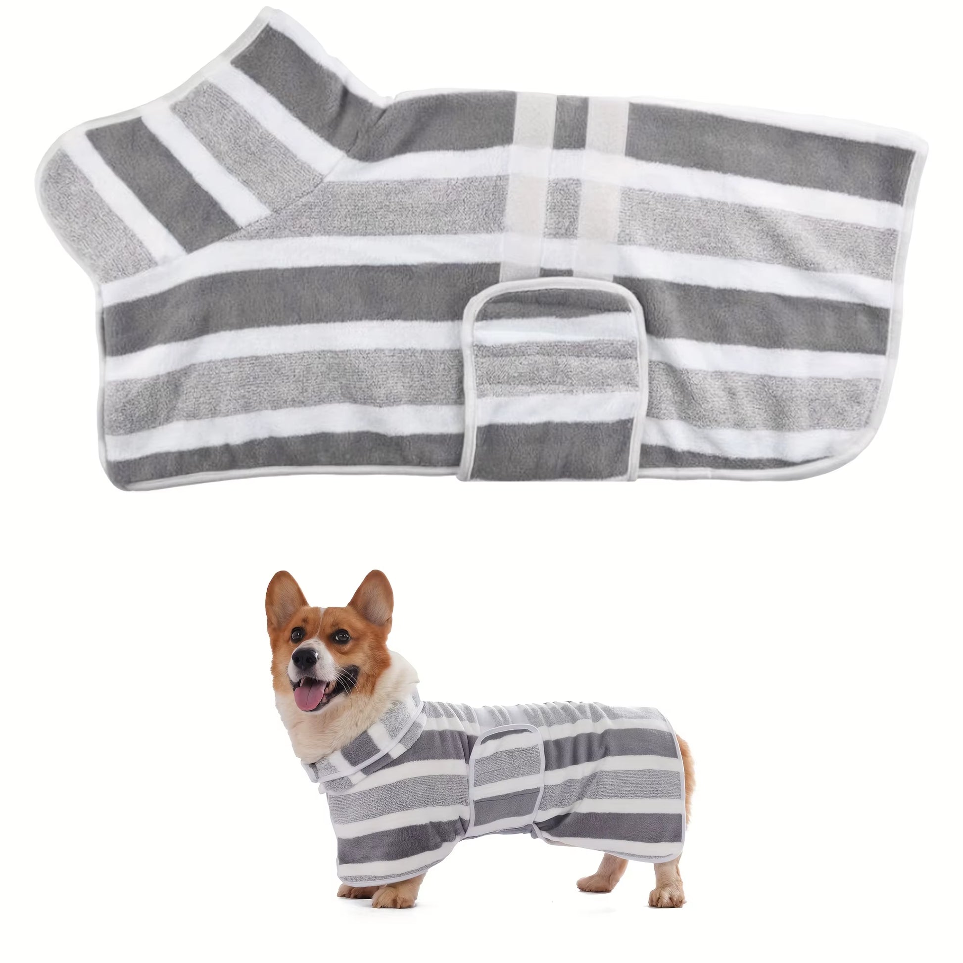 Super Absorbent Quick-Dry Dog Bathrobe, Soft Striped Towel Robe for Pets with Adjustable Belly Strap Cat Pet Bath Large Bath To