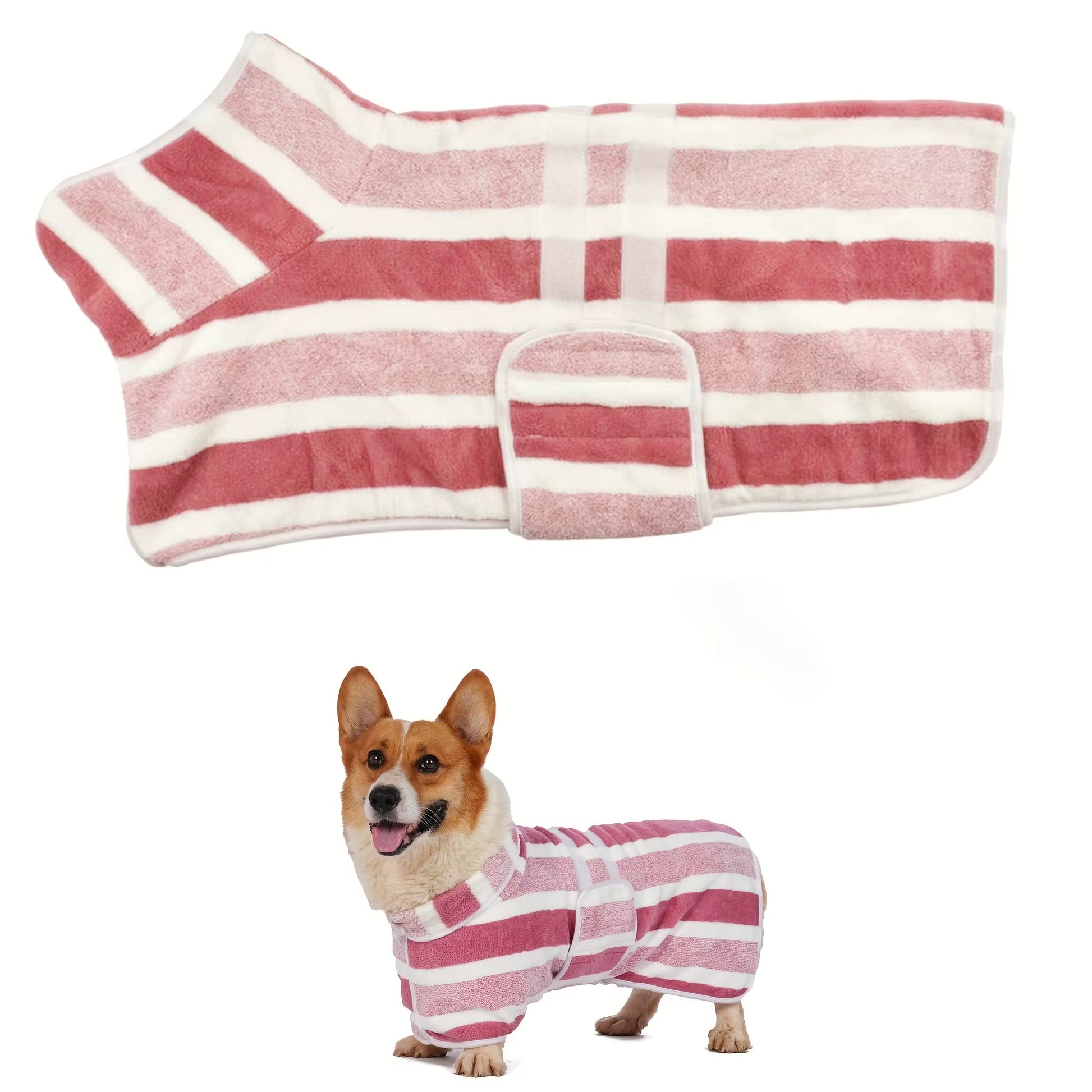 Super Absorbent Quick-Dry Dog Bathrobe, Soft Striped Towel Robe for Pets with Adjustable Belly Strap Cat Pet Bath Large Bath To
